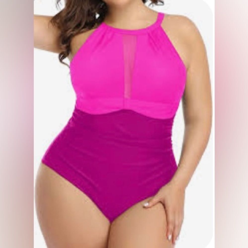 Aqua Eve Pink One-Piece Swimsuit Size 18 NWT Mesh Panel Tummy Control - Picture 8 of 9